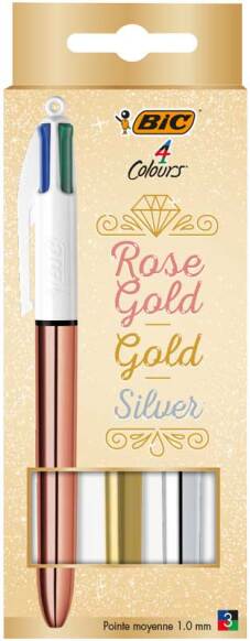 Stylo bille 4 couleurs "Shine" set de 3 pièces - 1x Rose Gold & 2x Silver (Blist